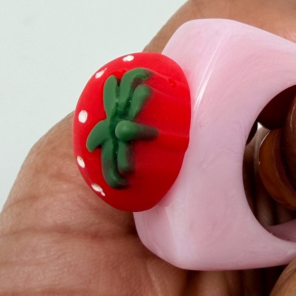 Pink Strawberry Ring Fruit Print 3D Rings Y2K Jewelry Fruity Gingham Accessories - Picture 13 of 16